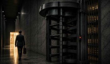 A lone high-net-worth investor walks through a dark brutalist banking corridor toward a warm illuminated doorway while a massive industrial turnstile blocks access to gold reserves locked behind steel bars, symbolising cross-border payment delays and restricted access to capital.