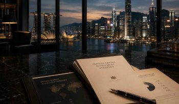 Executive private wealth workspace overlooking an international financial skyline at dusk, featuring private credit investment documents, structured income reports, and a luxury fountain pen on a dark marble desk in an institutional private banking setting.