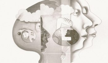 Surreal profile of faces and abstract elements.
