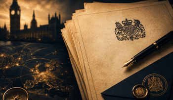 Official UK government documents bearing the royal crest alongside a fountain pen, wax seal and a glowing map of Europe, with the Houses of Parliament visible in the background. UK Pension Inheritance Tax