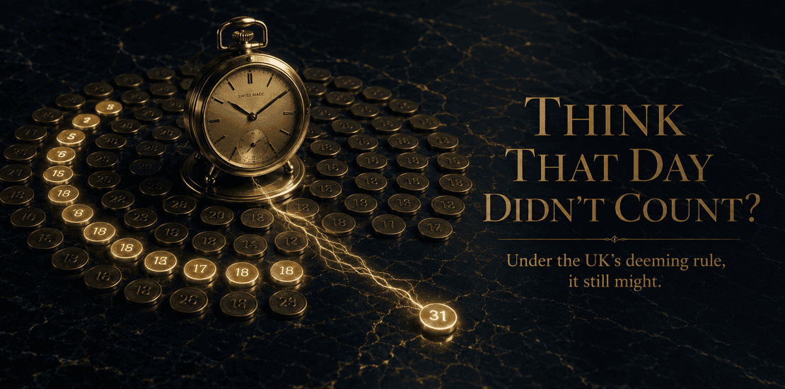 Gold pocket watch surrounded by numbered coins counting UK days, illustrating the Statutory Residence Test for UK expats