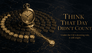 Gold pocket watch surrounded by numbered coins counting UK days, illustrating the Statutory Residence Test for UK expats