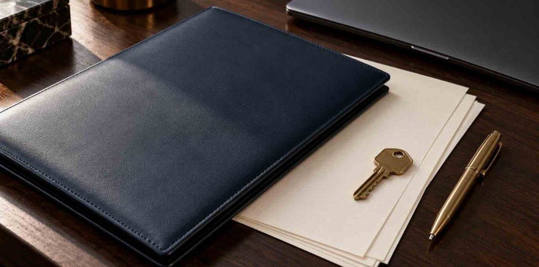 Power of attorney for expats: navy document folder, blank papers and a brass key on a dark wooden desk
