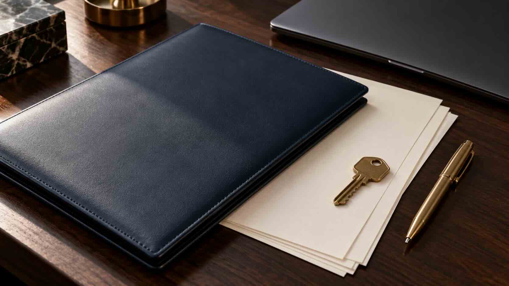 Power of attorney for expats: navy document folder, blank papers and a brass key on a dark wooden desk